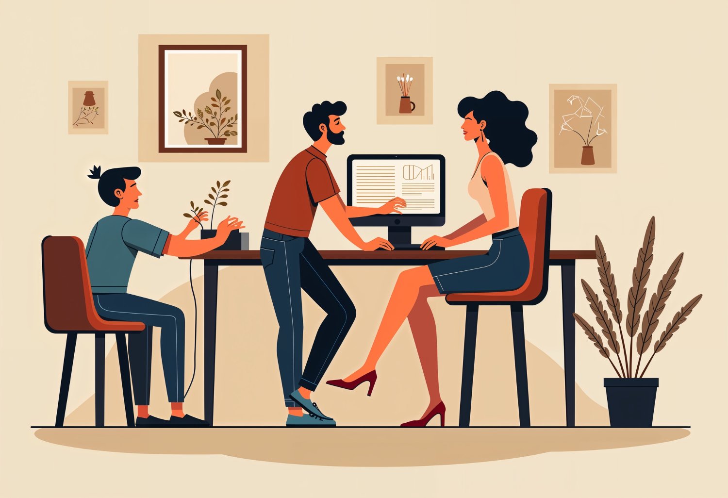 Three persons and a desk planning their website with a computer.